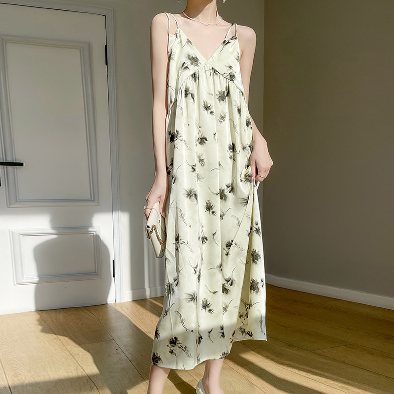New Style French Ink Painting Suspender Dress for Women, Summer Floral Beach Vacation Wear, Elegant Long Dress