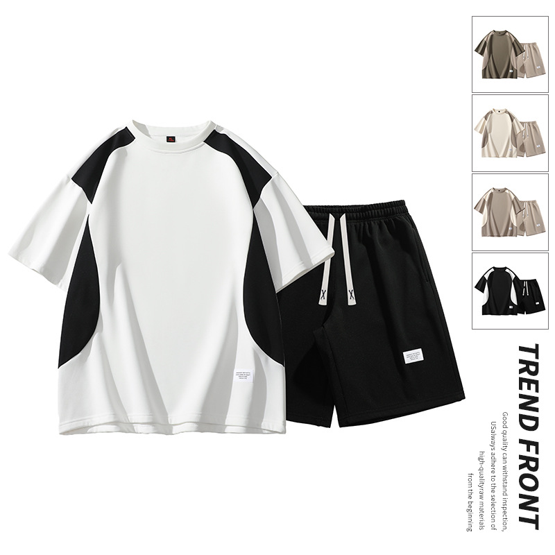 Short-sleeved T-shirt Shorts Men's Summer suit Color-matching Stitching Loose Sports Pants Casual Sports Trendy Two-piece Set