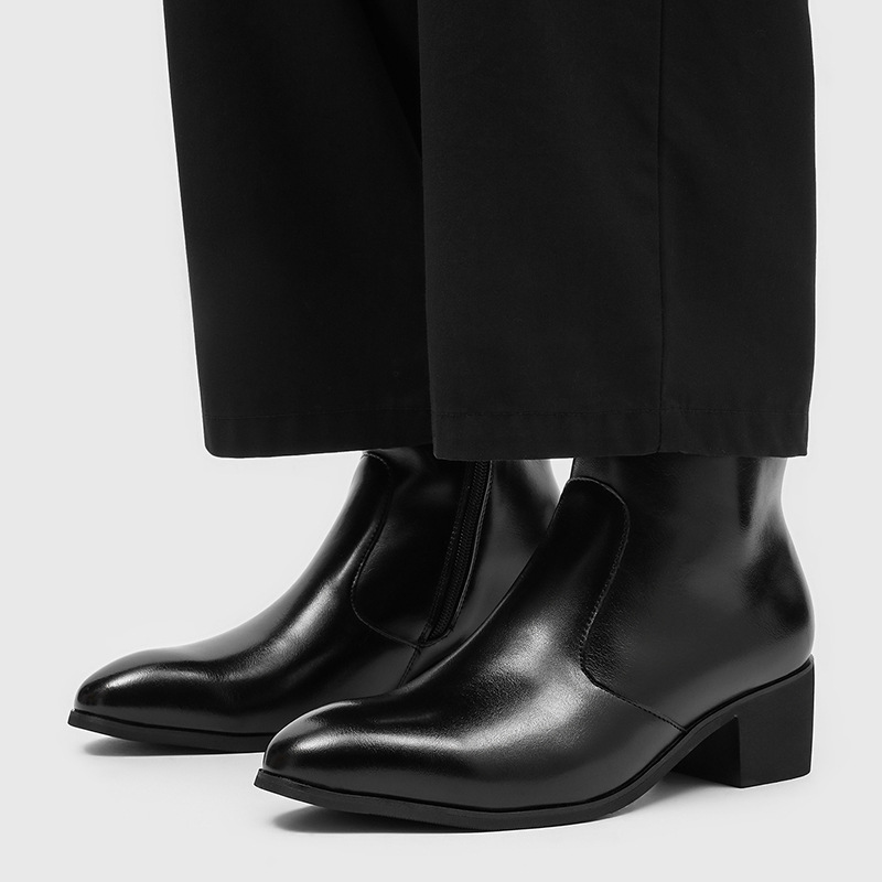 Men's Boots with Zipper, Simple Style, Pointed Toe, Men's Height-Increasing Martin Boots, Mid-Calf Chelsea Boots, British Style Retro Work Boots