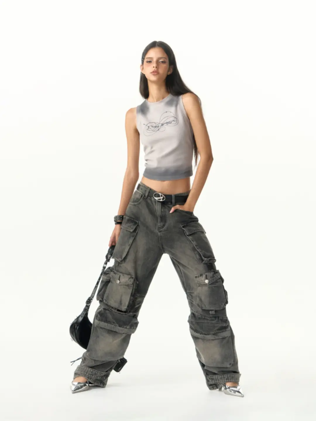 Imxs [Celebrity Style] Multiple Flap Pocket pants Salt Fried Denim parka Heavy Washed Distressed Pants