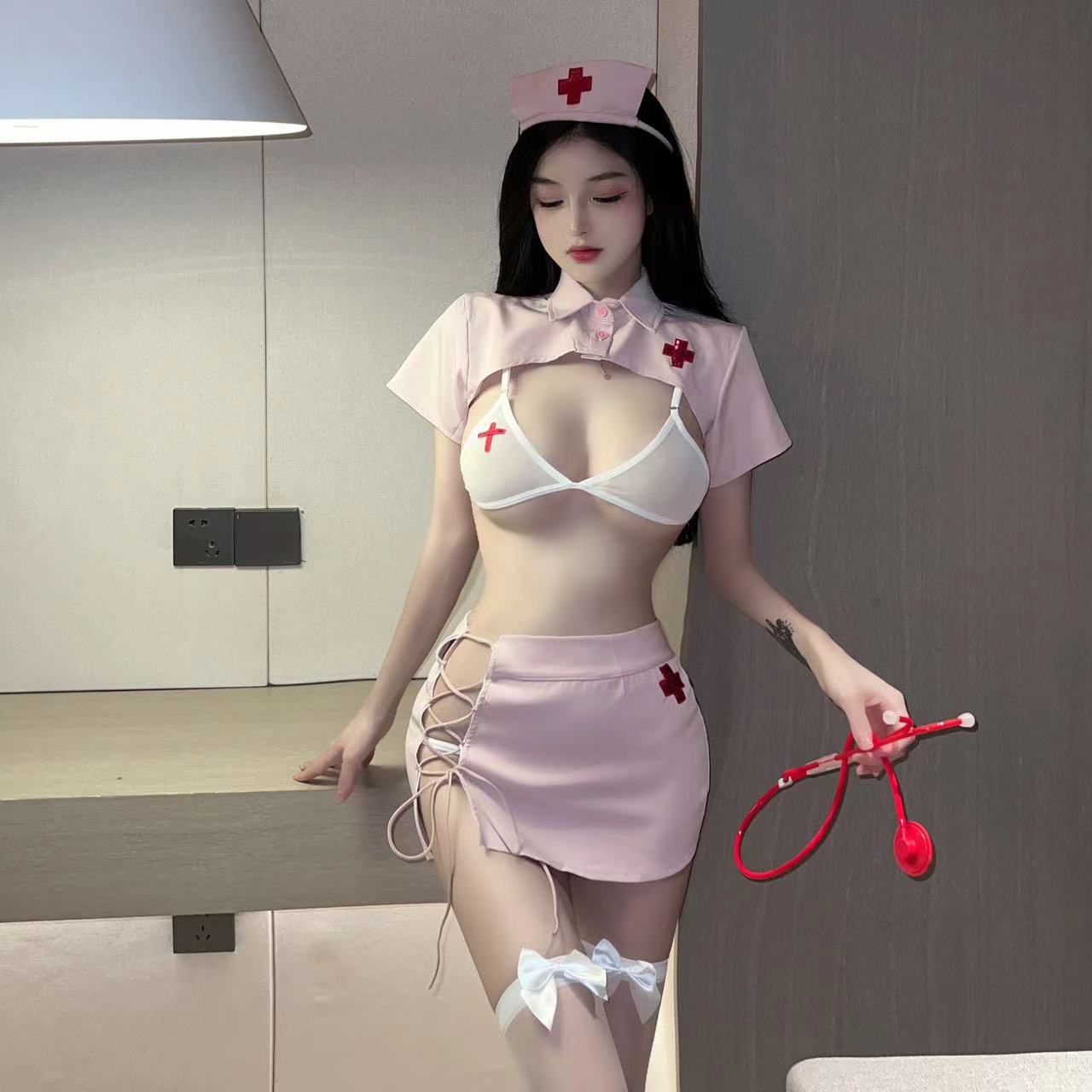 Christmas-Themed Nurse Uniform, Seductive Three-Point Lingerie, No-Take-Off Side-Tie Sexy Outfit, One-Piece Drop Shipping
