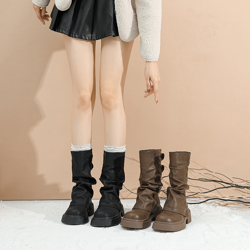 British style short boots women's 2025 new autumn and winter pleated knight boots thick bottom trouser boots women's pile of student boots