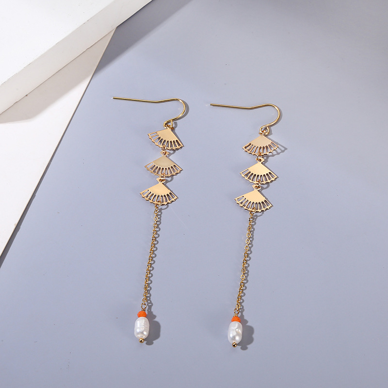 Light Luxury Retro Ethnic Style Versatile Ear Jewelry Fan-Shaped Design Long Ear Wire Baroque Pearl Earrings for Women