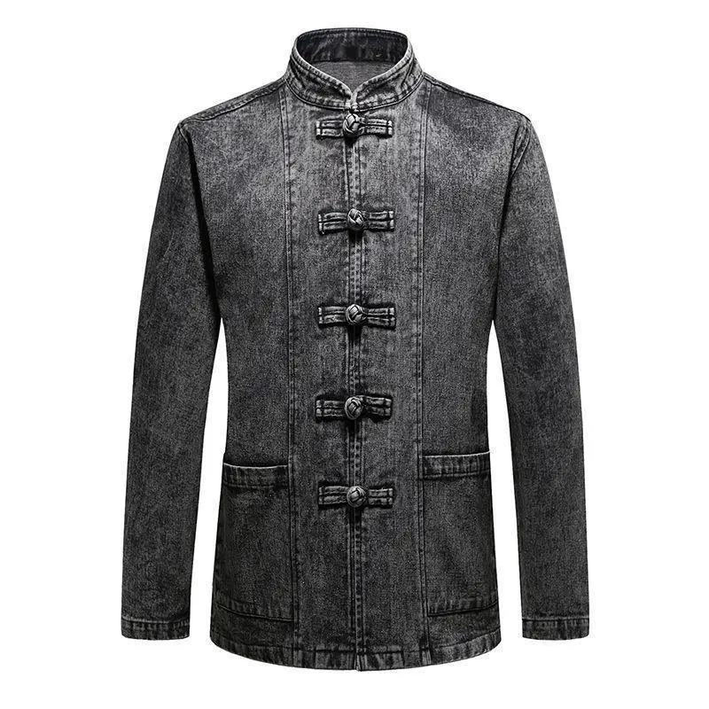 Chinese Style Men's Denim Jacket Men's Suit Vintage Buckle Embroidered Tang Suit Youth Collar Loose Trendy Brand Jacket