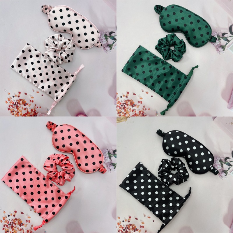 In-Stock Polka Dot Scrunchie Storage Bag Hair Tie Three-Piece Set Satin Hair Tie Sleep Mask Drawstring Bag In-Stock