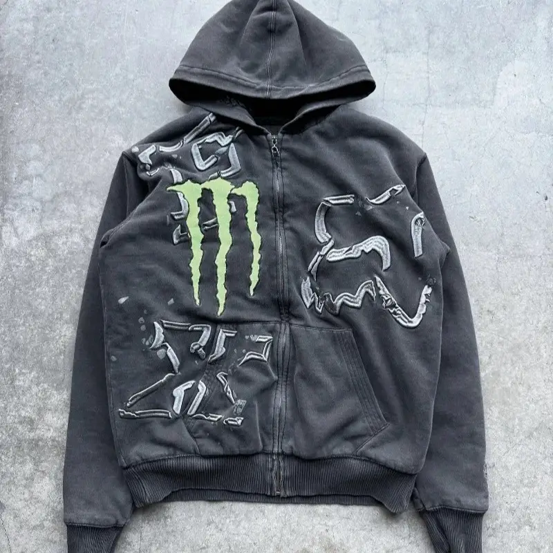 American Retro Zipper Sweatshirt for Men, m Size, Loose Fit, Niche Style, Outerwear, Cool and Loose Top, Hooded Sweatshirt