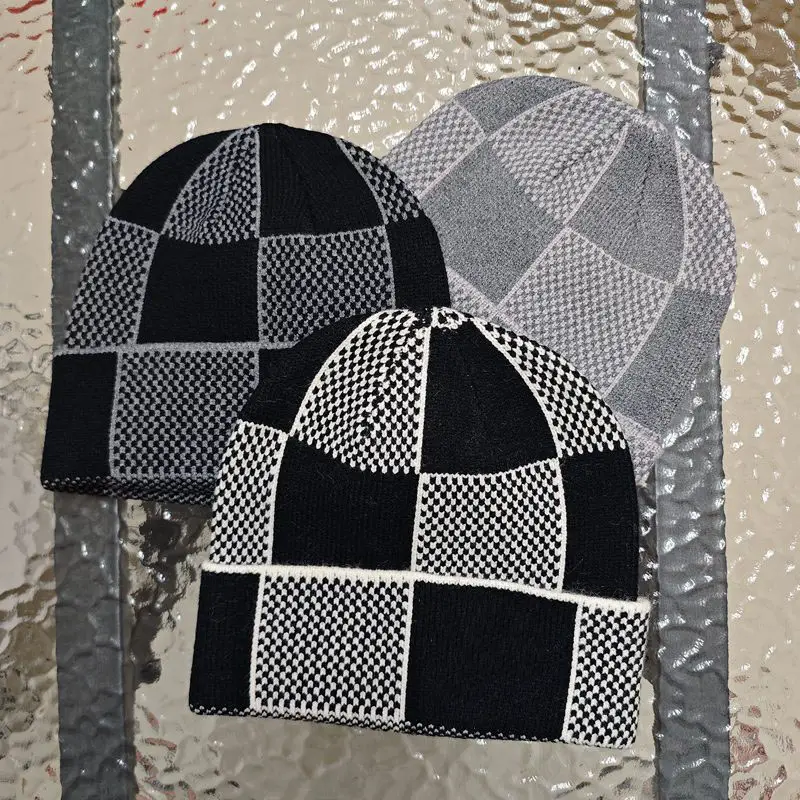 European and American Fashion Casual Checkerboard Knitted Hat, Unisex Winter Warm Woolen Cold Hat