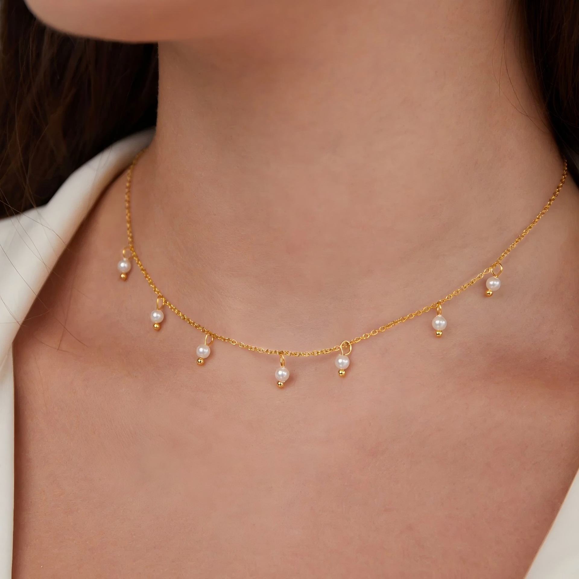 European and American Cross-Border Shell Bead Pearl Necklace for Girls, High-End Niche Versatile Titanium Steel Plated 18K Gold Millet Bead Necklace