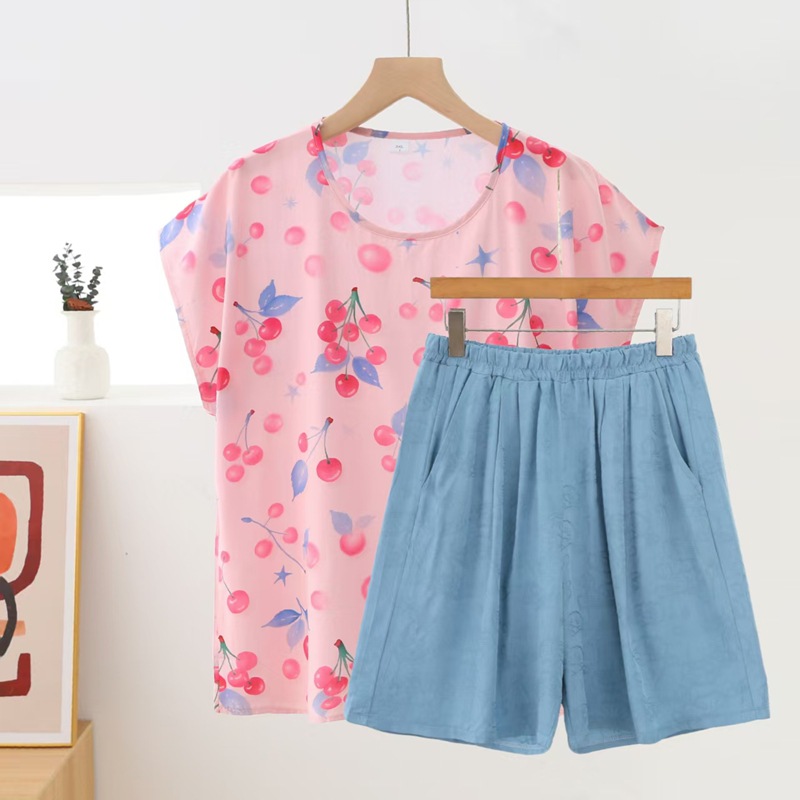 Summer New Style Cotton Silk Round Neck Short-Sleeved Jacquard T-Shirt High-Waisted Shorts Two-Piece Set for Women Thin Loose Casual Suit