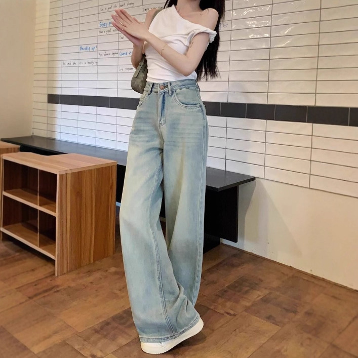 Hong Kong Style Casual Jeans, High-Waisted Slimming Straight-Leg Jeans for Women, Loose Drapey Wide-Leg Pants for Women 	 Pants