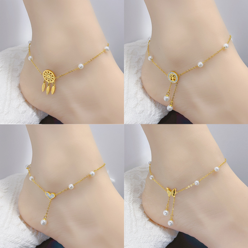 Korean Style New Pearl Chain Butterfly Tassel Anklet Shop Dream Net Leaf Pendant Shell Love Girl Summer Jewelry
