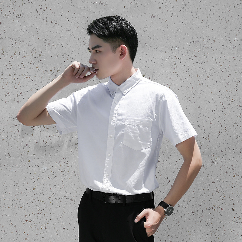 Summer Youth Men's Pure Cotton Short-sleeved Shirt Fashion Casual Pure Cotton Washed Oxford Spinning Shirt Solid Color White T-Shirt