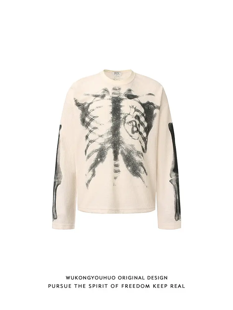 Wukong in stock American high street waffle print long sleeved T-shirt for men's autumn trendy couple loose and versatile top