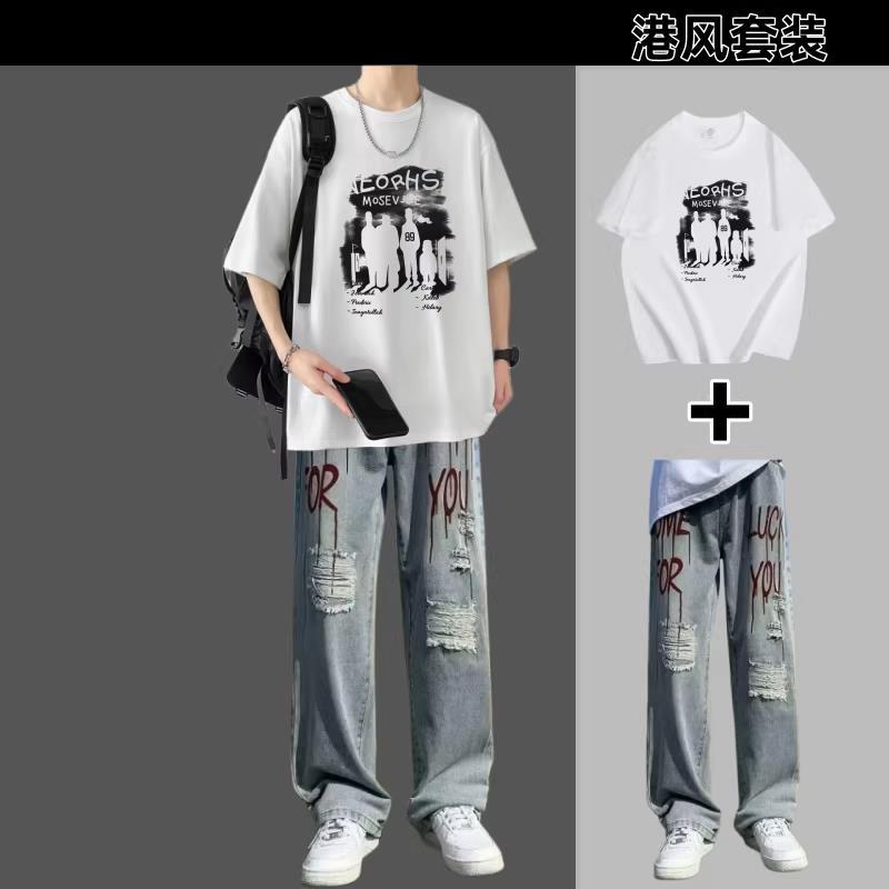 2026 New Summer Men's Short-Sleeve T-Shirt and Denim Set, Stylish and Trendy Two-Piece Outfit for Teenagers in Hong Kong Style