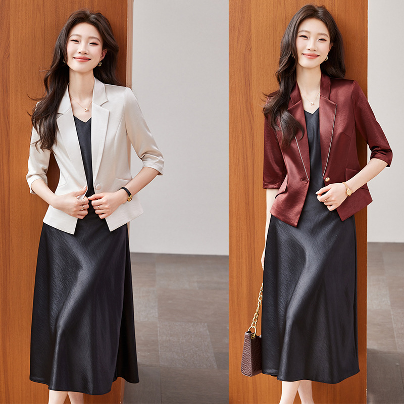 Acetate Satin Blazer for Petite Women, 2026 Spring New Style, High-End Thin Suit Dress Set