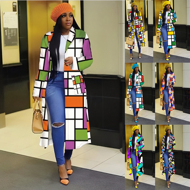 Autumn and winter New trench coat cross-border Amazon European and American plus size plaid printed double-breasted lapel coat coat women's coat