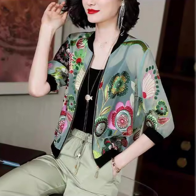 Cardigan middle-aged mom coat women's fashionable ins summer thin short jacket baseball uniform chiffon long sleeve sun protection clothing