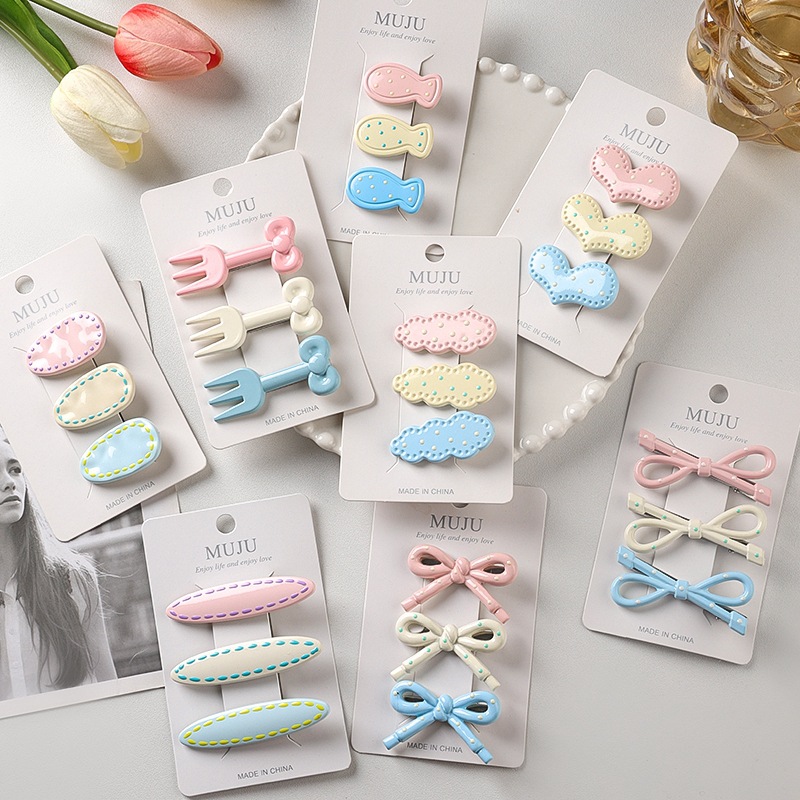 3 Card-Mounted Hairpins, Bow Girl Hairpins, Sweet Polka Dot Forehead Duckbill Hairpins, Side Bangs Hairpins