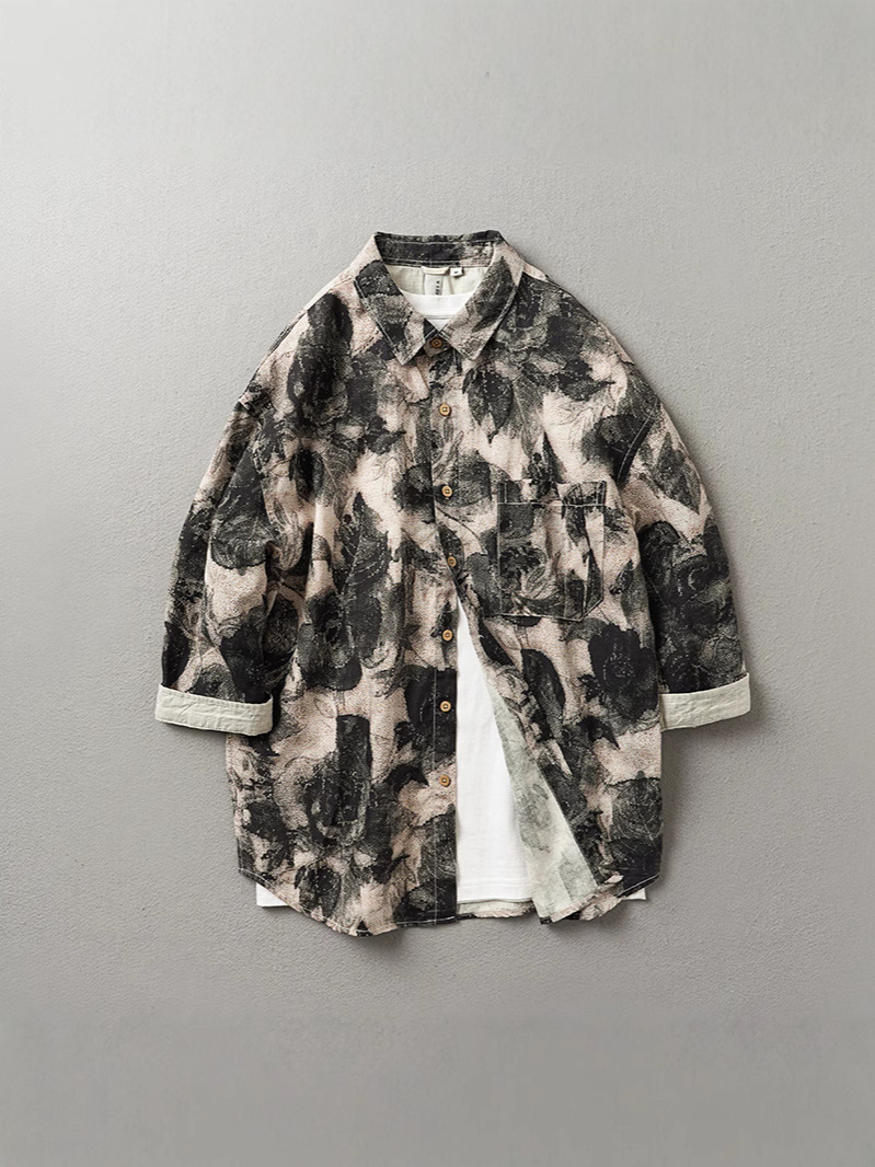 High Quality Japanese Style Retro Printed Half-Sleeved Shirt Men's Casual Tencel Linen New Three-Quarter Sleeve Shirt 3017