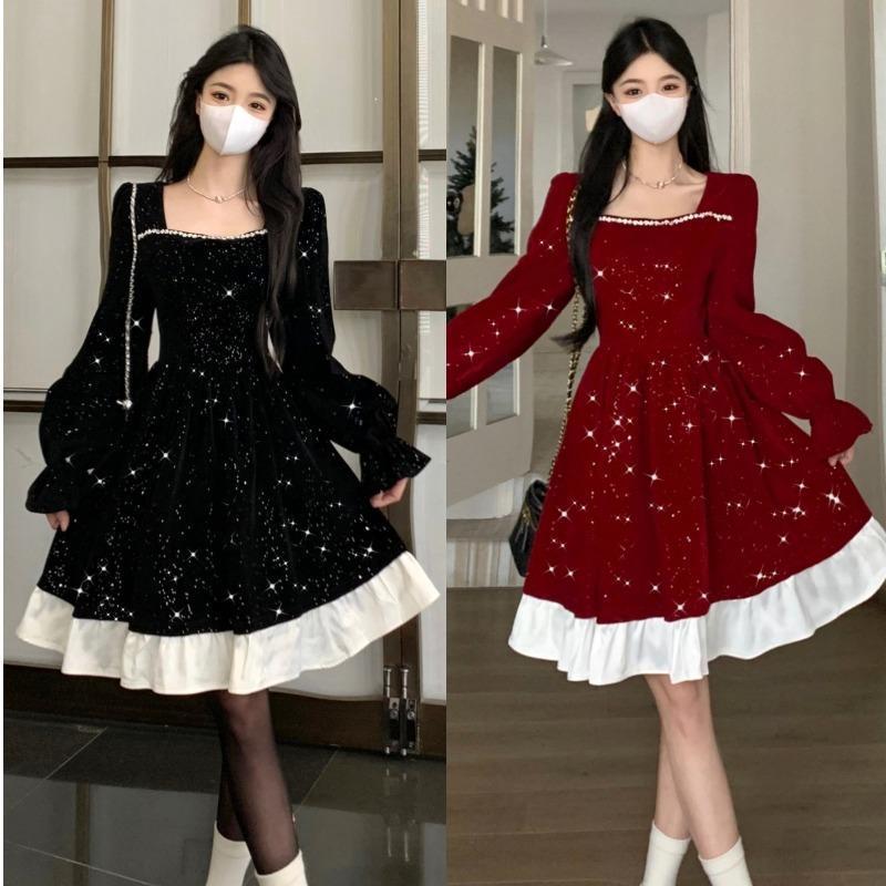 plus size Christmas Annual Meeting Evening Dress Long-sleeved Velvet dress Women's Autumn and Winter chubby girl Sense Mid-length Tutu Dress