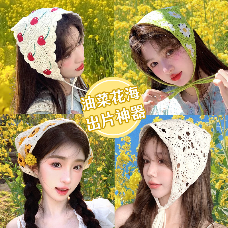 2025 New Spring and Summer Knitted Girls Cute Pastoral Style Photo Triangle Scarf Headdress Daisy Hairband Headscarf Hair Accessories