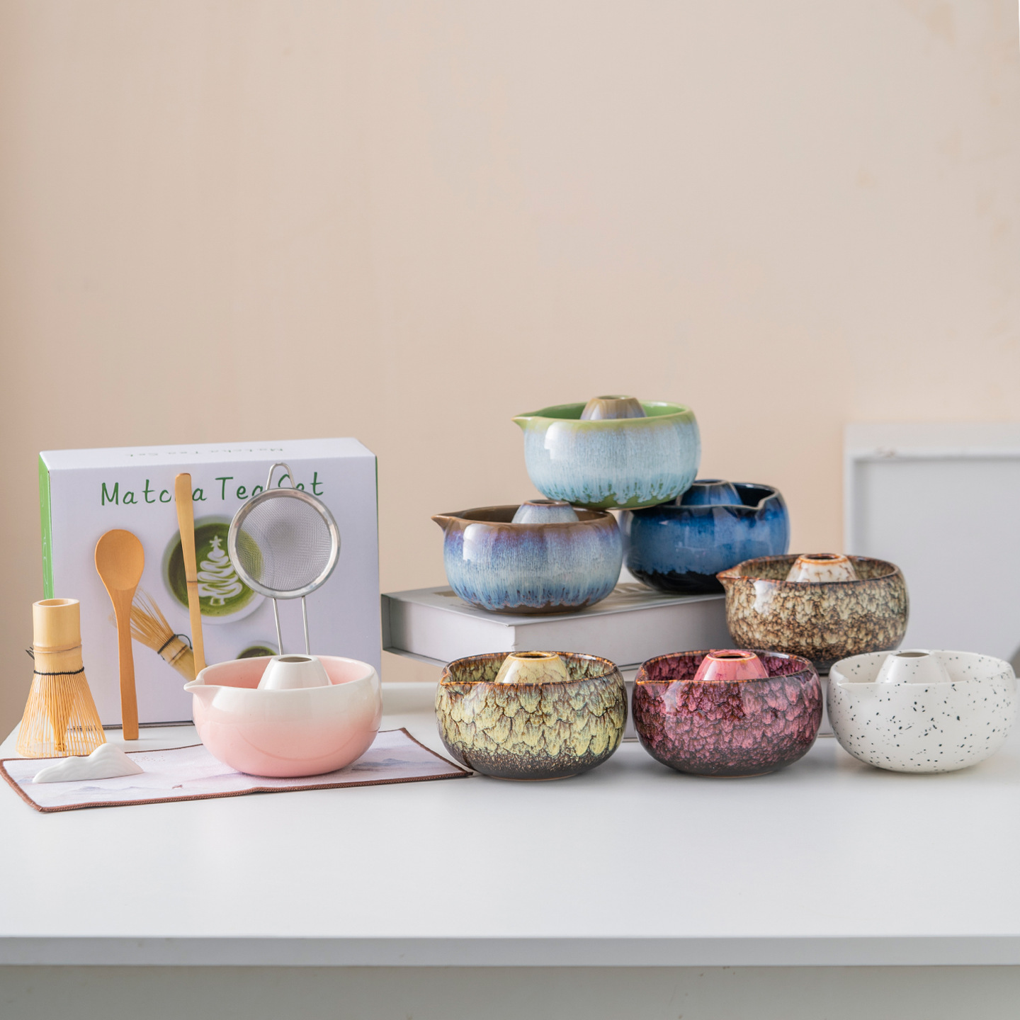 Gradient Kiln-Fired Ceramic Matcha Bowl, Matcha Tea Set, Song Dynasty Tea Tools, Tea Mat, Tea Towel, Tea Whisk, Tea Spoon