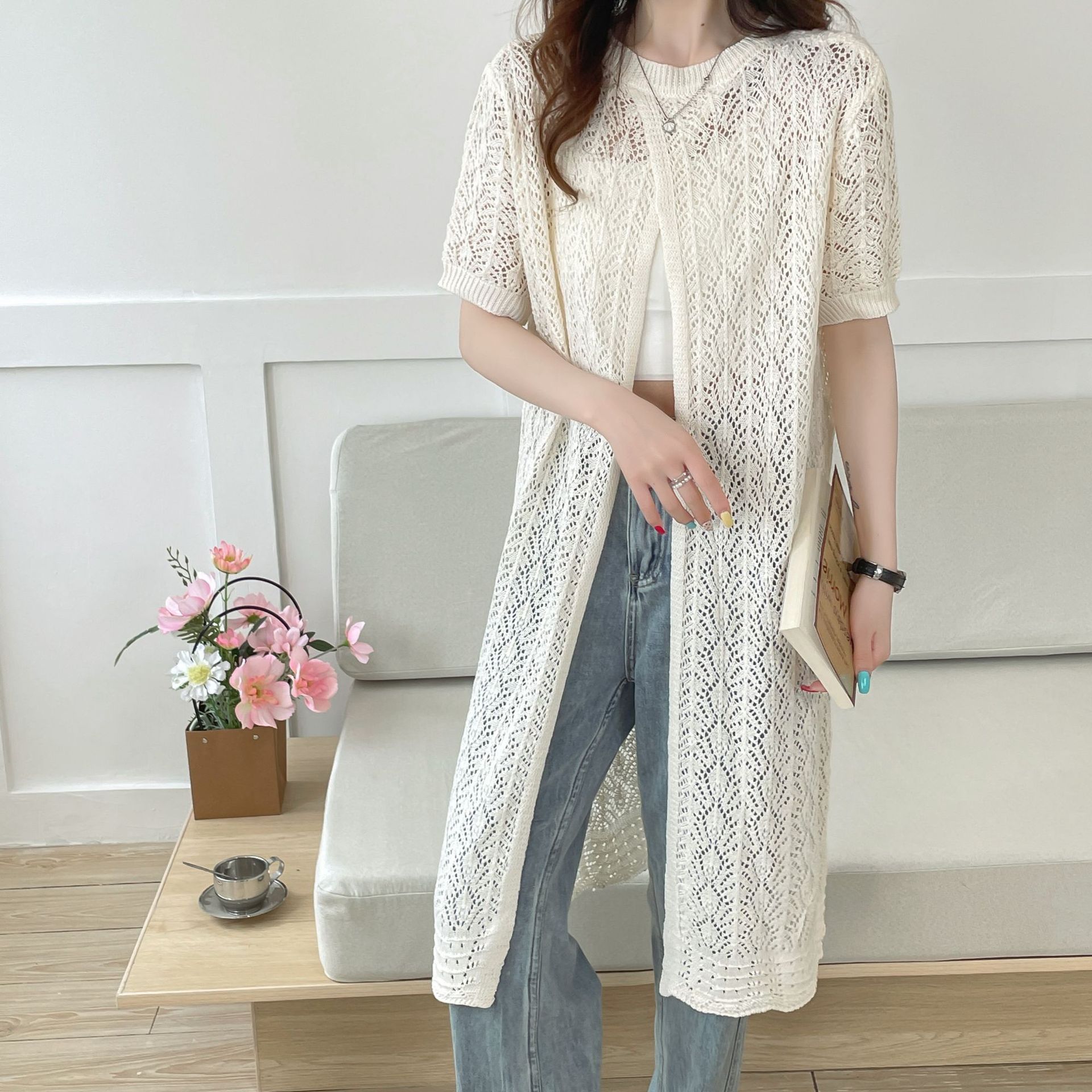 French dress Long Hollow-out Knitted Blouse Summer Women's Short-sleeved Vest Overlay Stacked Open-back Top