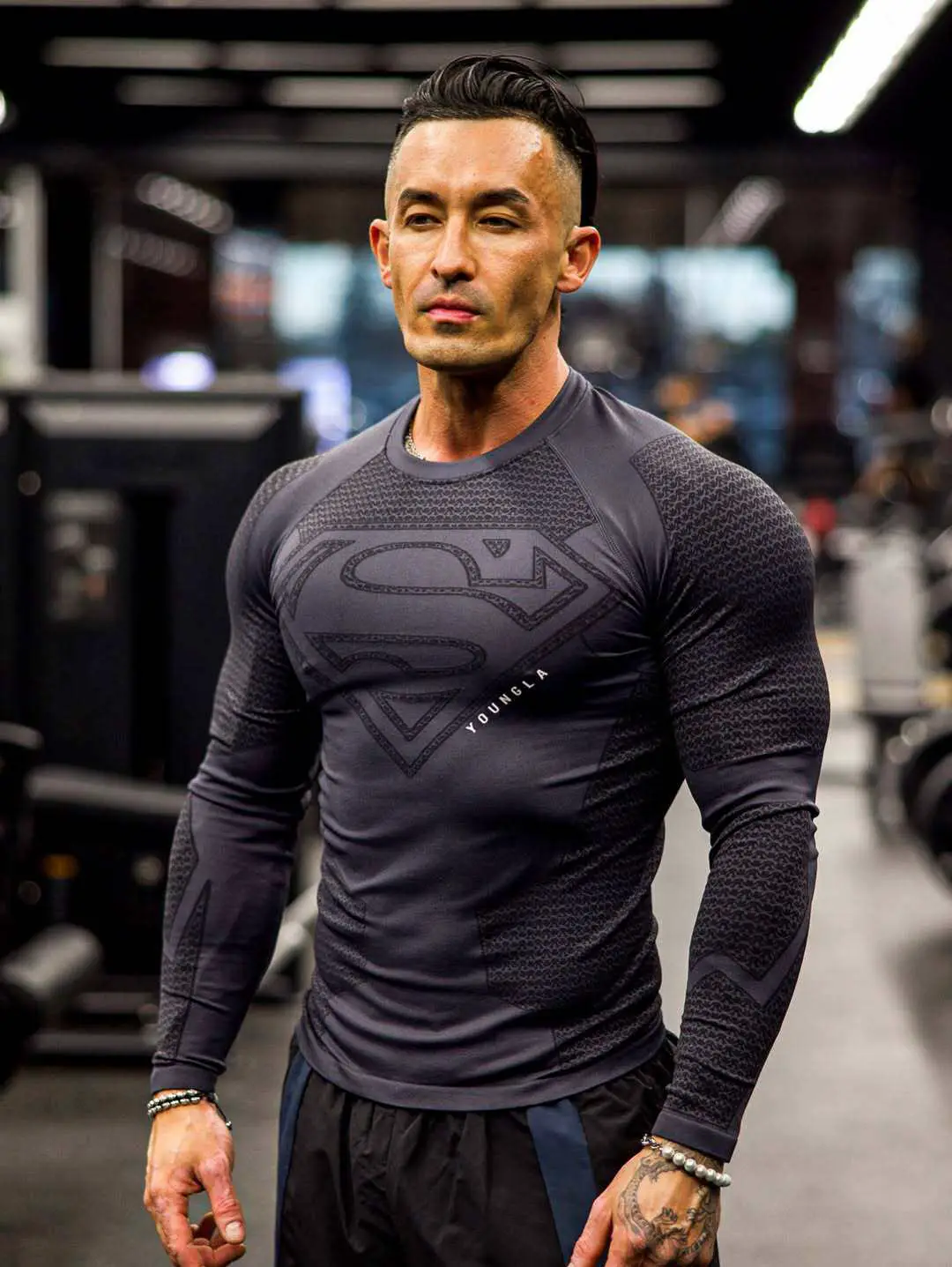 Youngla New American-Style Superman Muscle Fitness Men's Sports Long-Sleeved Casual Quick-Drying Breathable Tight-Fitting Long-Sleeved Shirt