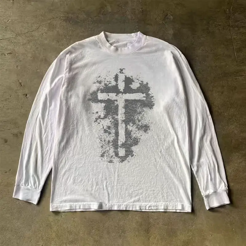 BuettiKer American vintage street retro cross design printed couple round neck long sleeved T-shirt trendy