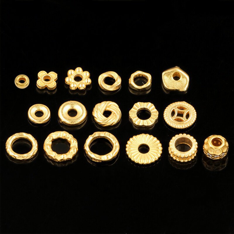 S925 Silver Gold-Plated Four-Petal Flower Plum Blossom Ufo Wheel Beads Coin-Shaped Beads Hammered Surface Beads Coiled Bracelet DIY