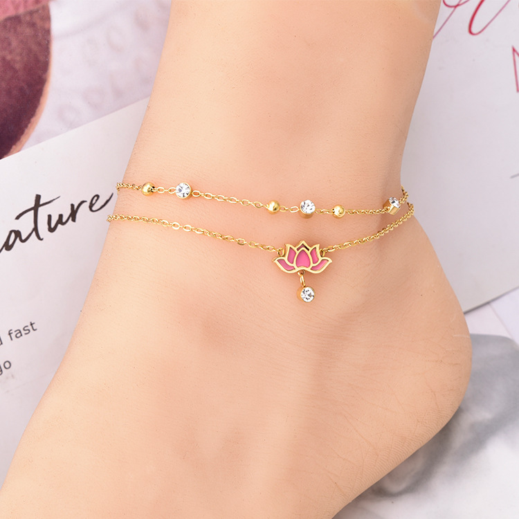 Korean style new pink flower double-layer anklet zircon chain titanium steel non-fading anklet women's net red jewelry in stock