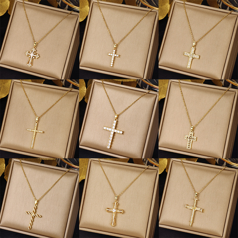 European and American style golden diamond cross necklace light luxury niche design pendant net red clavicle chain jewelry wholesale