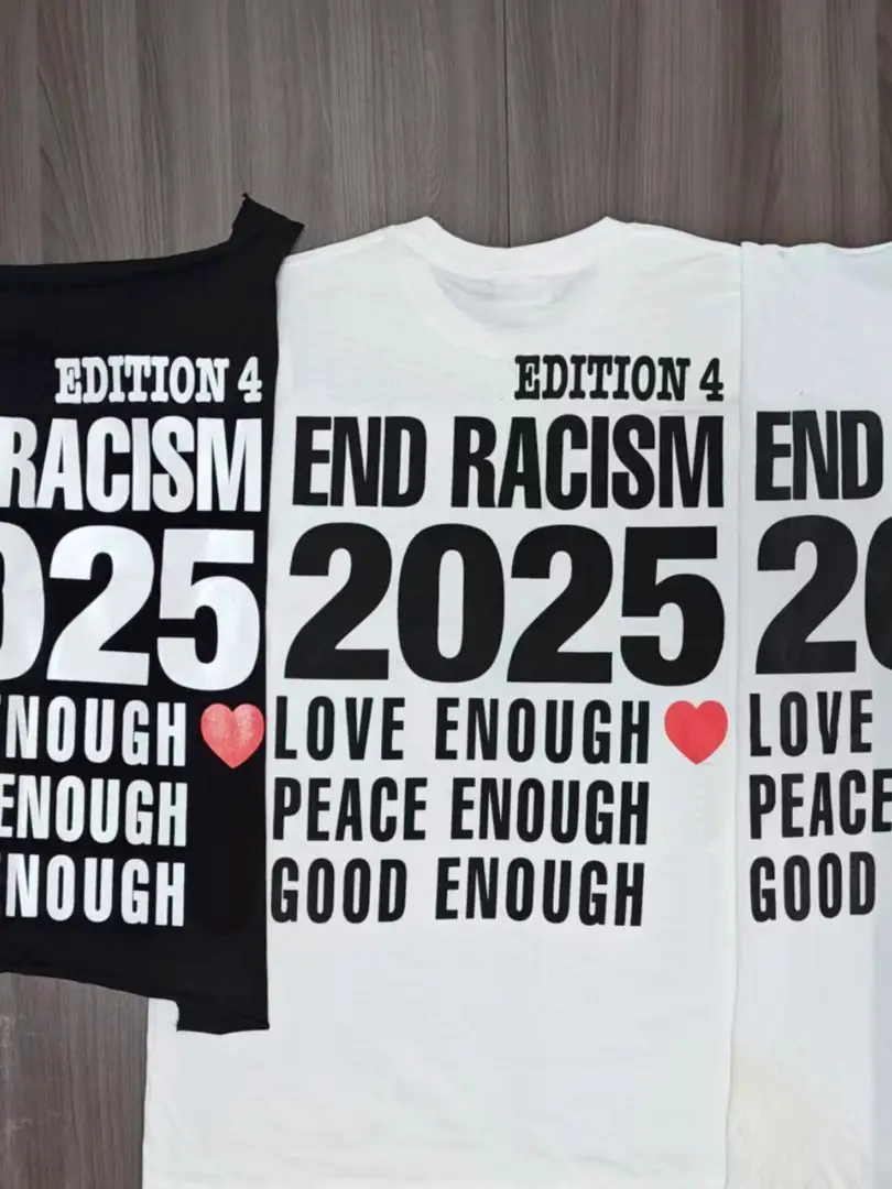 Trendy Goodenough End Racism Tee with Large English Print, Hiroshi Fujiwara Collaboration Short-Sleeve T-Shirt