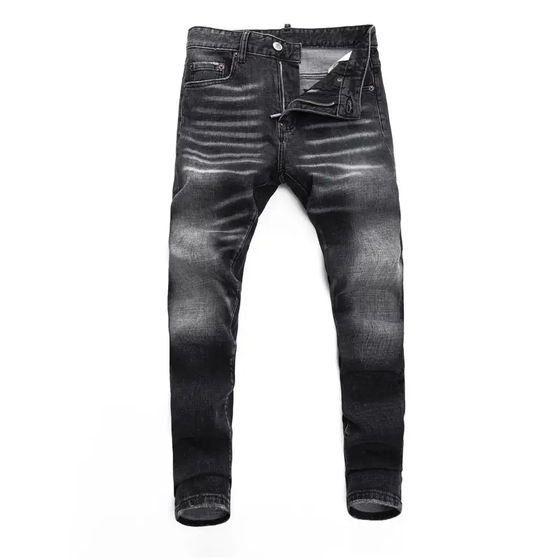 Fashion Retro Men's Jeans Distressed Black Gray Washed Whiskers Foreign Trade Trendy Brand Stretch Slim Fit Skinny Pants Men's Trendy