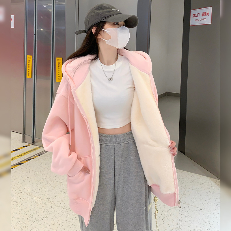Lamb Wool Coat for Women, Autumn and Winter 2026 New Style, Petite Size, Fleece Hooded, Thickened Sweatshirt Top for Winter