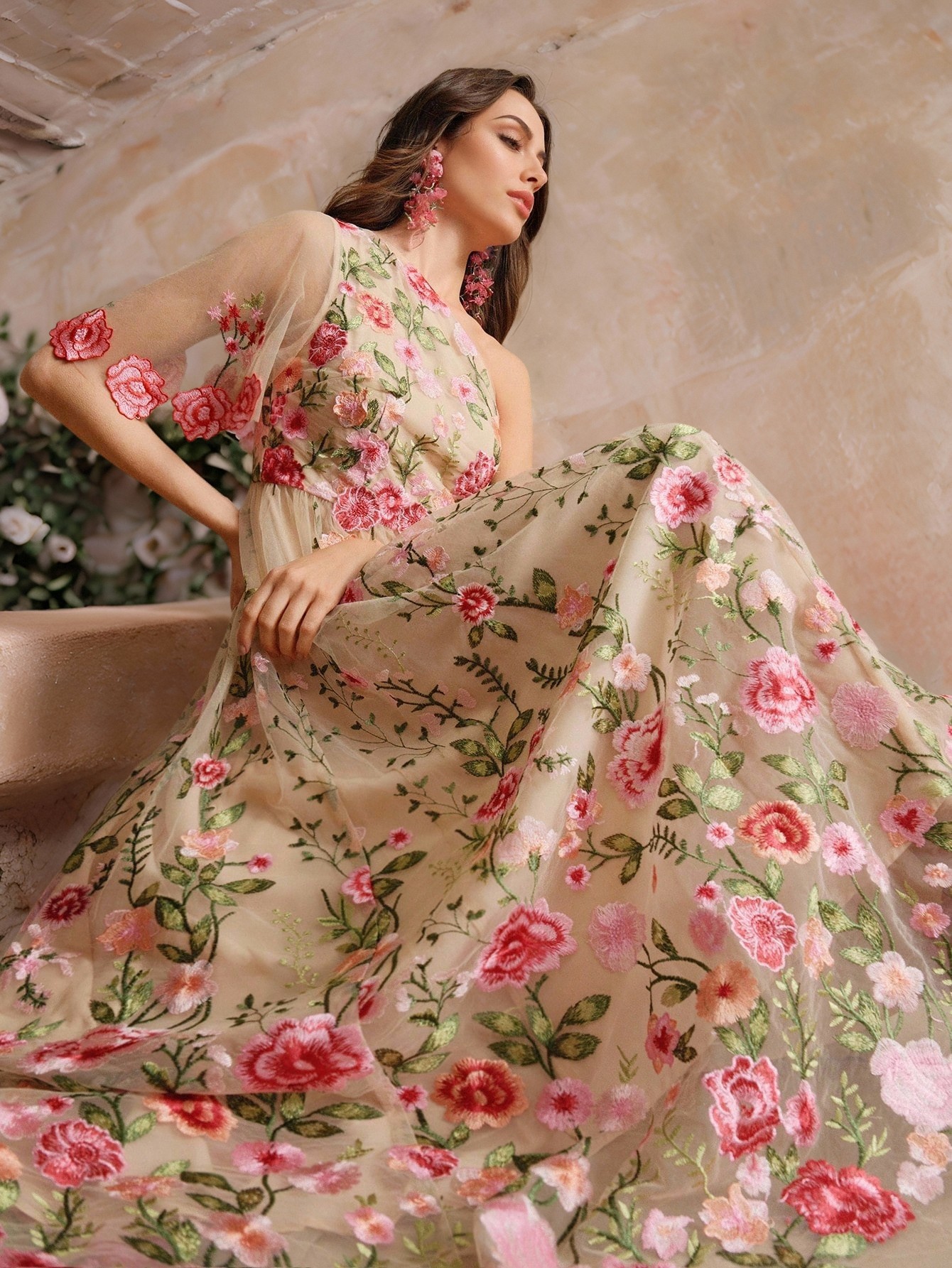 An-26 Mesh One-Shoulder Dress with Three-Dimensional Rose Embroidery and Large Hem, Ethereal and Gentle, Romantic Floral Sheer Dress for Vacation