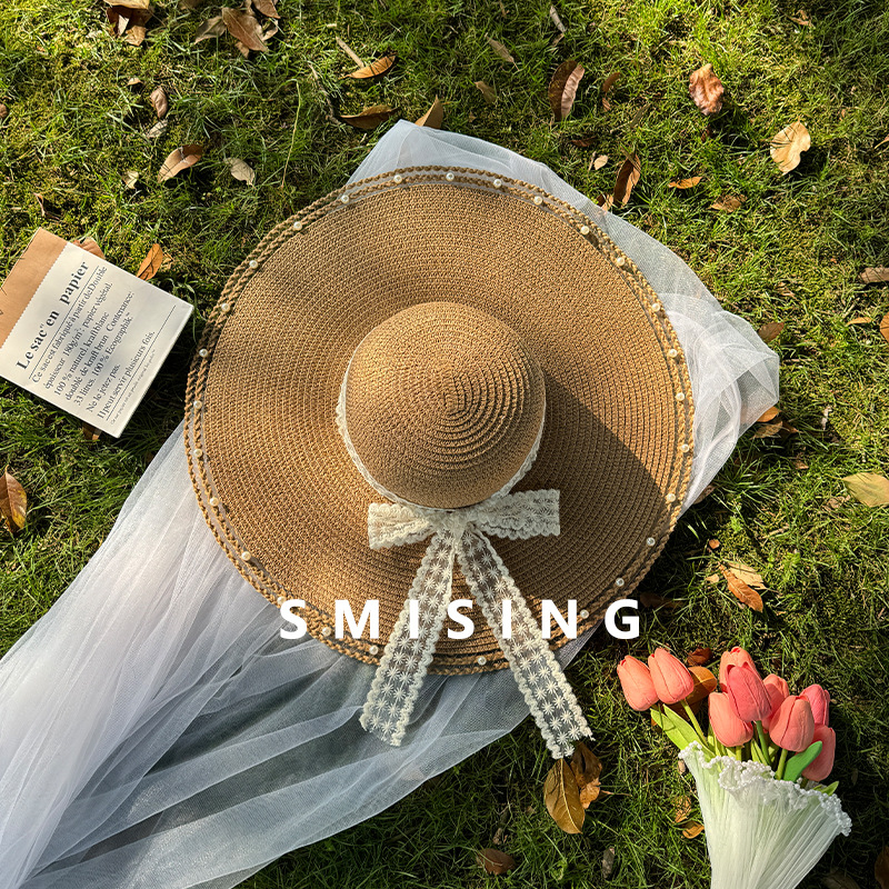 2025 French Style Elegant Pearl Big Brim Straw Hat Women's Spring Summer Autumn Lace Bow Seaside Beach Sunshade Hat