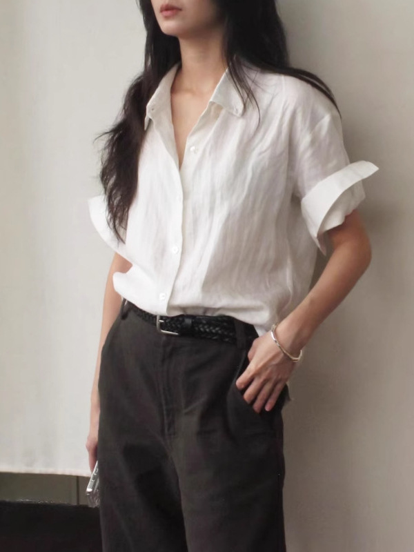 26 Summer New Style Handmade Rolled Sleeve Short Sleeve Shirt Linen Top Versatile Loose Slimming Homegirl Outfit Set