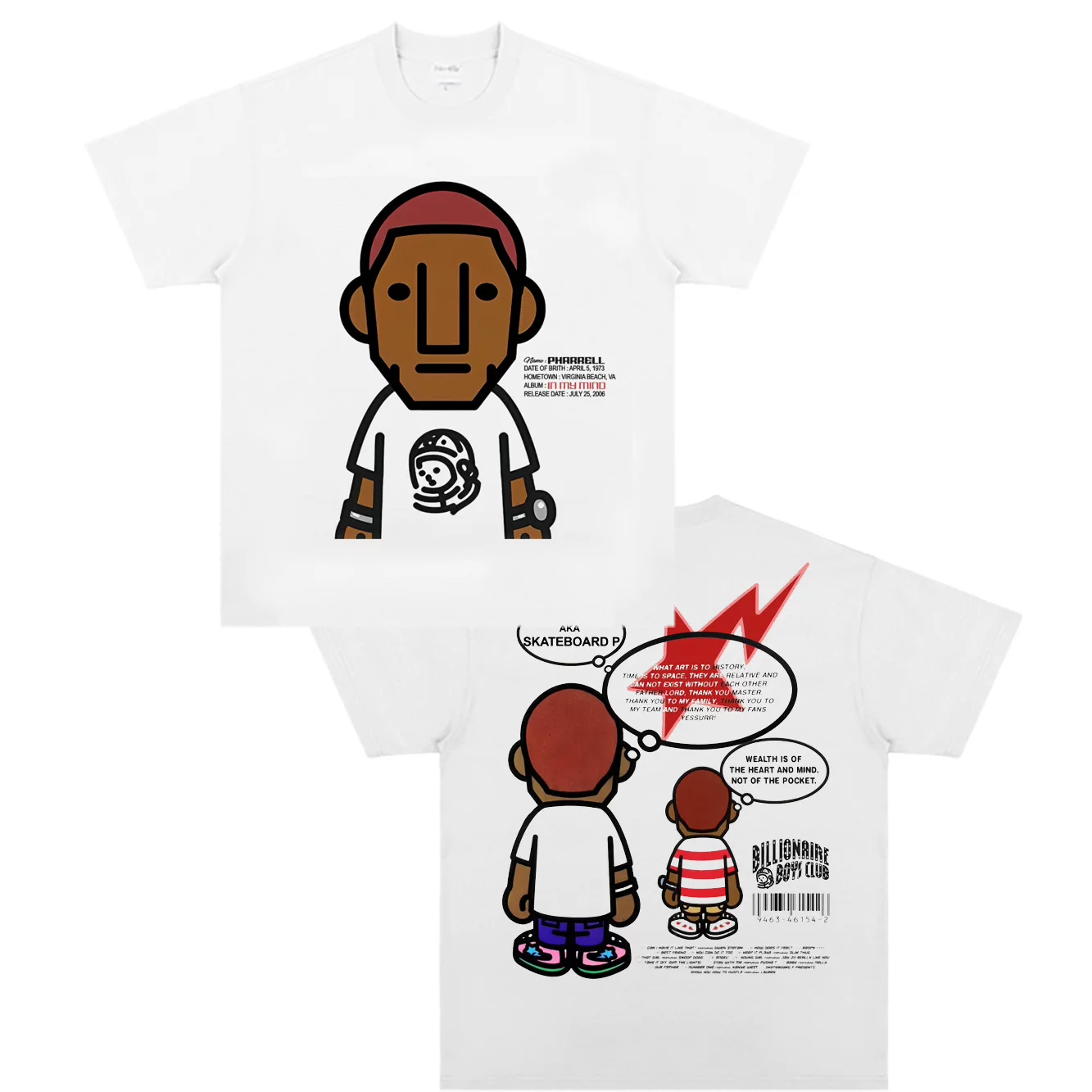 Pharrell Williams short-sleeved Pharrell Williams vintage tee American style small collar T-shirt