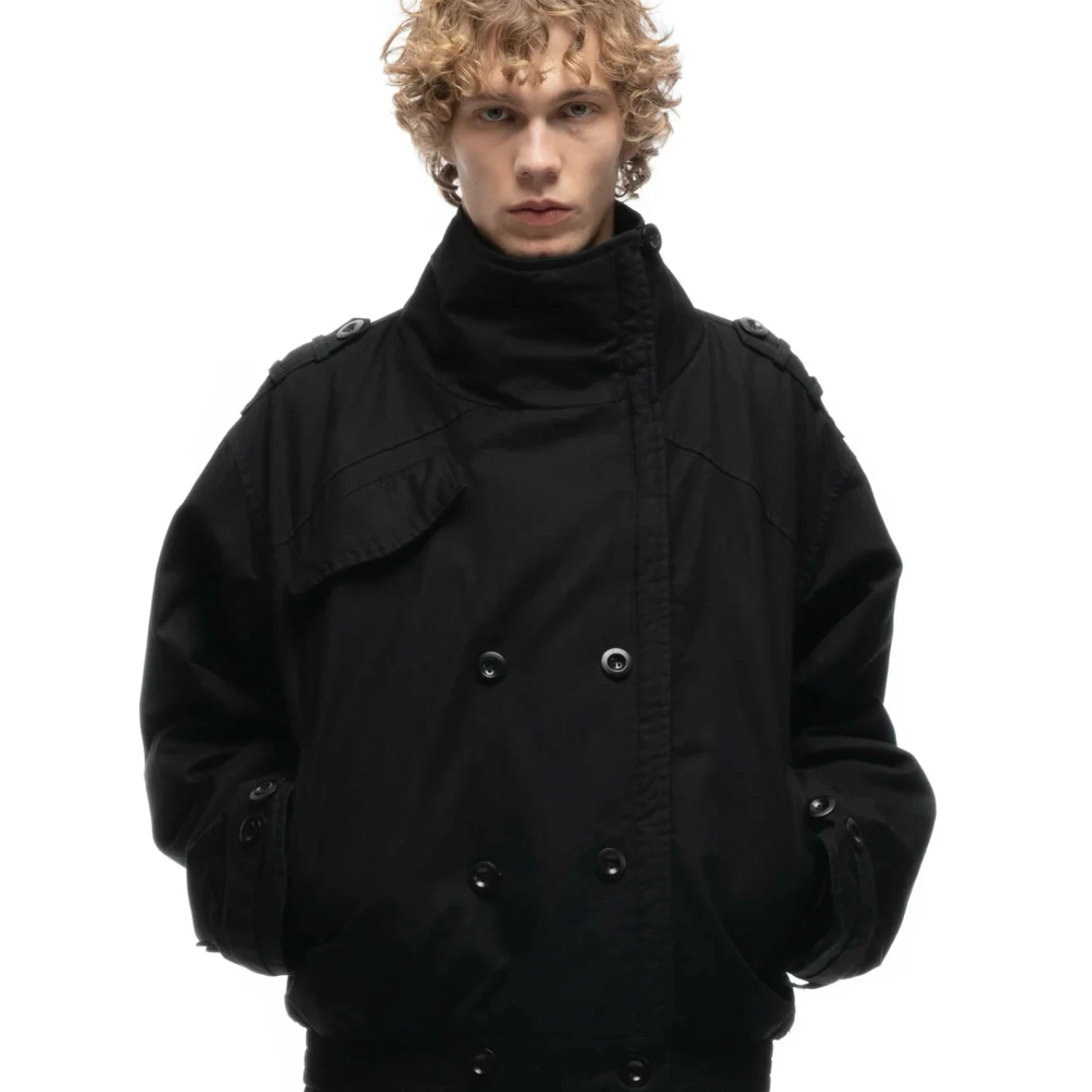 No Faith studios hunting outfit, high neck battle parka coat, multi button zipper jacket, men's cotton jacket