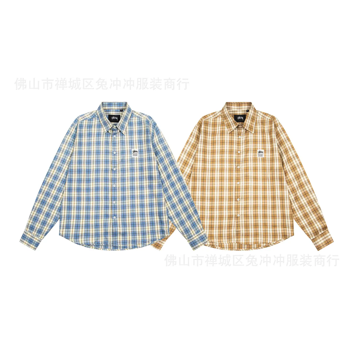 STU2025新款格纹撞色翻领长袖衬衫男装街头潮牌宽松休闲百搭上衣