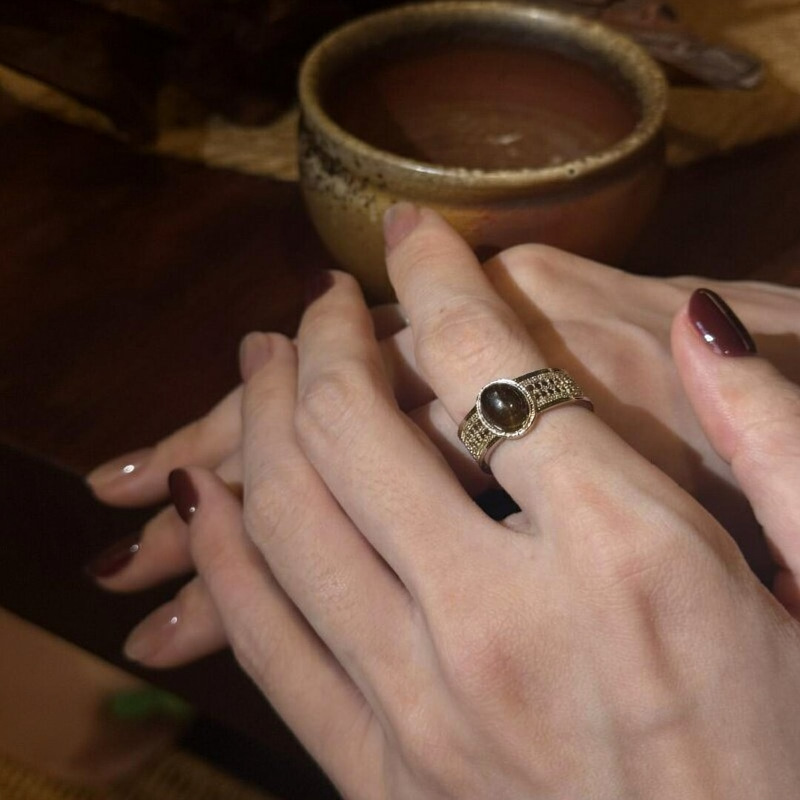 Tiger's Eye Stone Oval Open Ring, European and American Retro, Simple and Fashionable, Elegant Index Finger Ring, Light Luxury and High-End Jewelry