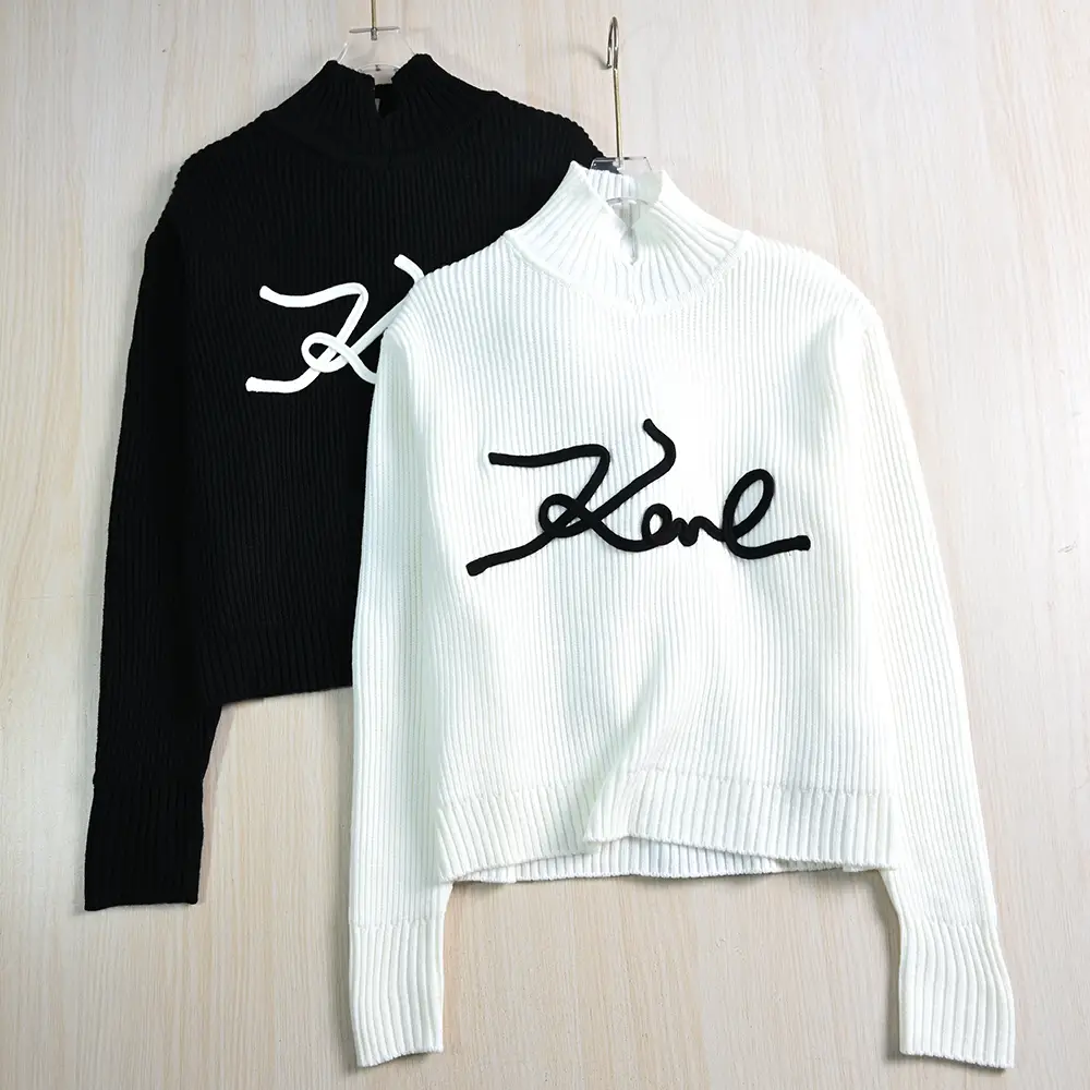 Siqi Women's Clothing 257/14 Thick Knit Wool Blend Three-Dimensional Rope Embroidery Letter Half-Turtleneck Long Sleeve Knitted Sweater