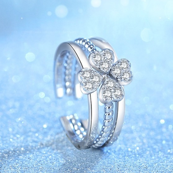 Diamond-encrusted Four-leaf Clover Ring Women's Three-in-one Combination Stacked Finger Ring Mori Style Fresh Flower Open Finger Ring