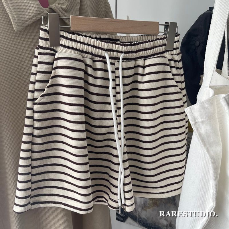 Women's Summer Loose Slimming Horizontal Striped Versatile Color-Block Casual Wide-Leg Mid-Length Shorts Home Five-Point Hot Pants