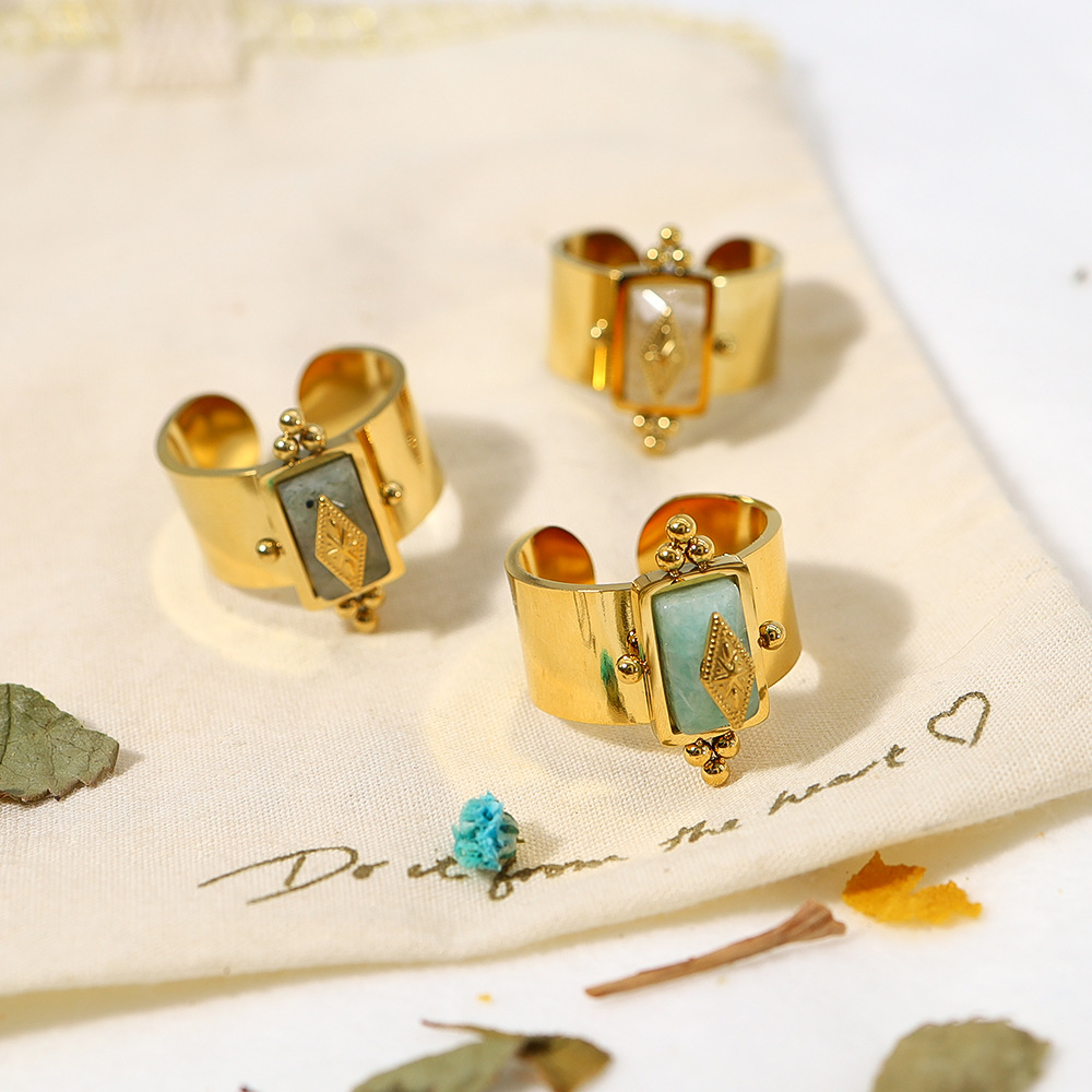 European and American Popular Retro Design Star Ring Trendy Fashion Gold Natural Stone Geometric Stainless Steel Ring for Women