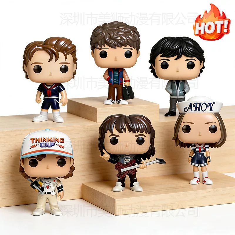 New Stranger Things Season 4 merchandise featuring Dustin, Steve, Eddie, Robin models, figurines, toys, and ornaments