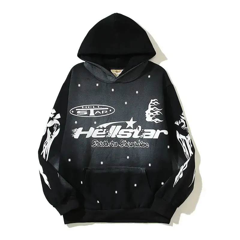 23SS European and American high street ins vintage distressed mud dyed hooded sweater trendy loose fleece-lined flame Starry Sky hoodie