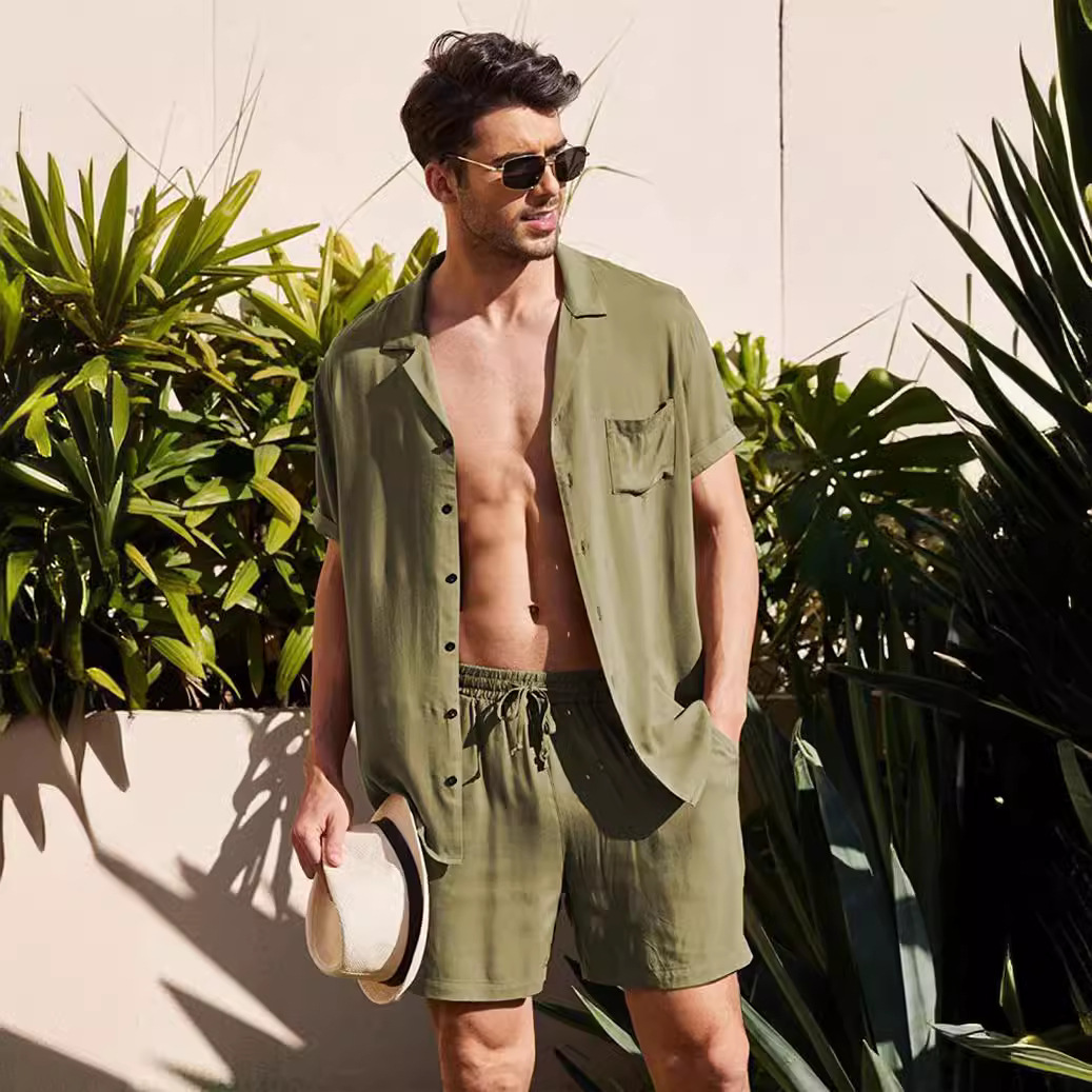 2026 Men's Linen Resort Style Short-Sleeved Shirt Suit Summer Loose Casual Cotton and Linen Cardigan Shirt Shorts