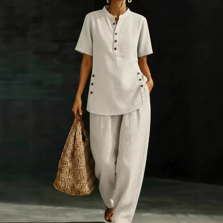 2026 New European and American Cross-Border Independent Brand Comfortable Casual Button-Up Shirt and Wide-Leg Pants Linen Two-Piece Set